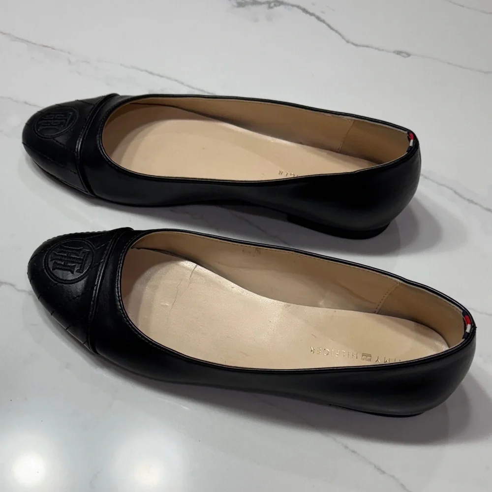Tommy Hilfiger Black Leather Flats with Logo